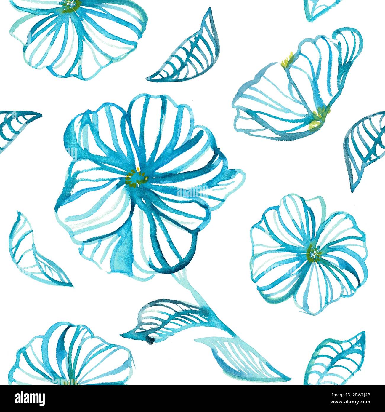 Florales Aquarell Nahtloses Muster. Moderne handgezeichnete blaue Gänseblümchen und Blätter in Aquarelllinien und Silhouetten. Design für Hintergründe, Cover, Karte Stockfoto