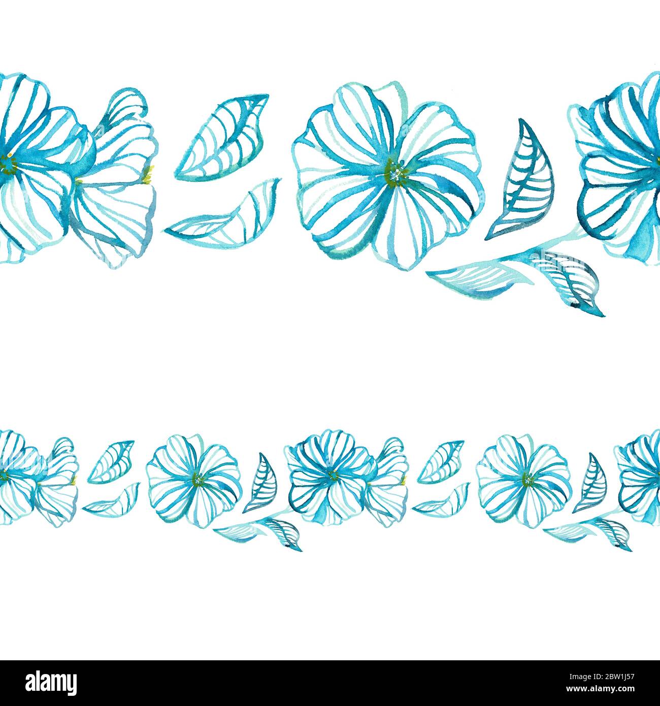 Florales Aquarell Nahtloses Muster. Moderne handgezeichnete blaue Gänseblümchen und Blätter in Aquarelllinien und Silhouetten. Design für Hintergründe, Abdeckungen, Karten Stockfoto