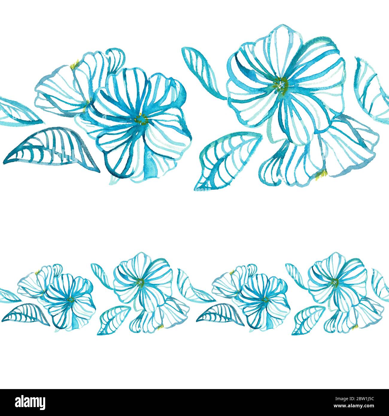 Florales Aquarell Nahtloses Muster. Moderne handgezeichnete blaue Gänseblümchen und Blätter in Aquarelllinien und Silhouetten. Design für Hintergründe, Abdeckungen, Karten Stockfoto