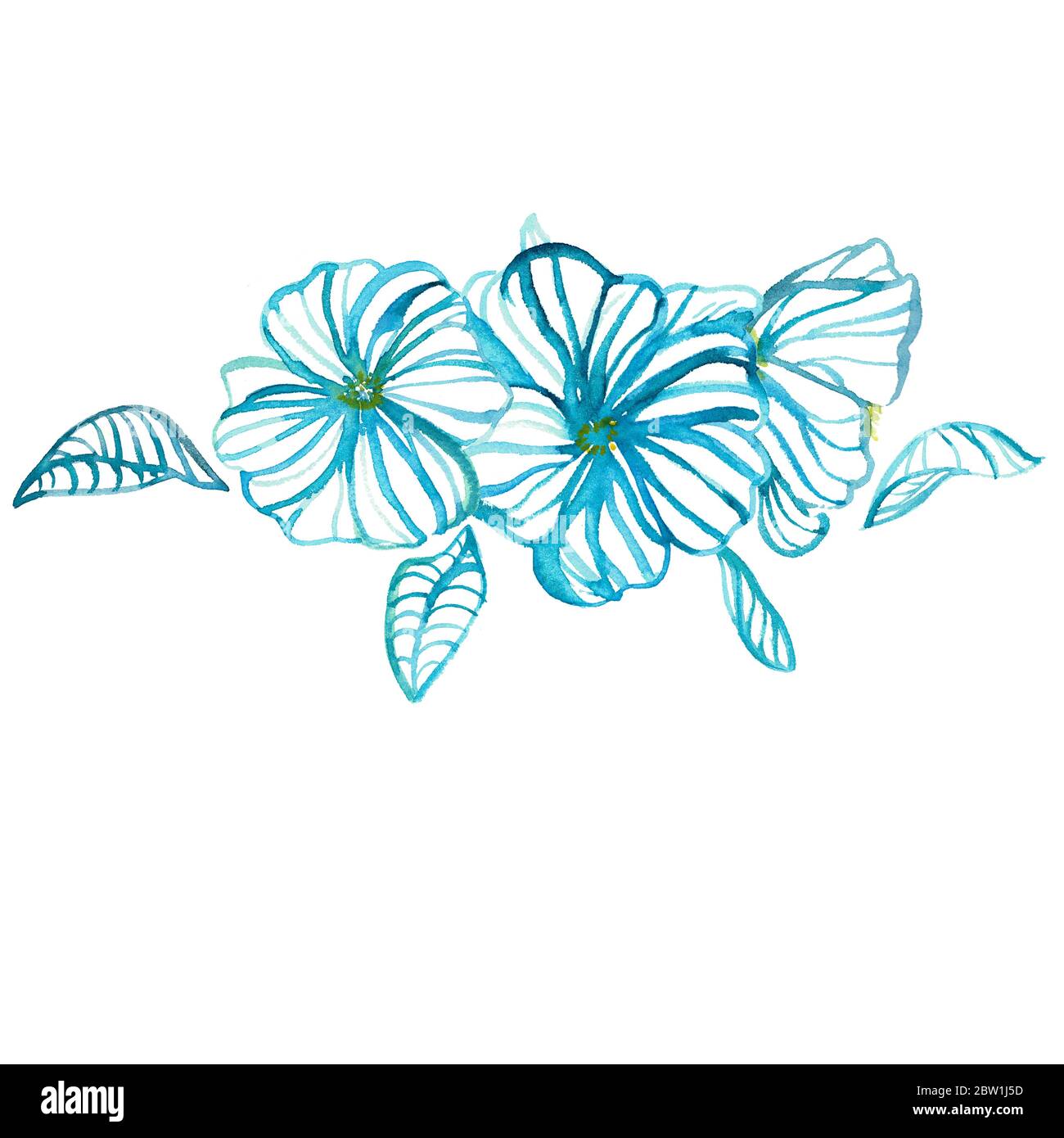 Florales Aquarell Nahtloses Muster. Moderne handgezeichnete blaue Gänseblümchen und Blätter in Aquarelllinien und Silhouetten. Design für Hintergründe, Abdeckungen, Karten Stockfoto