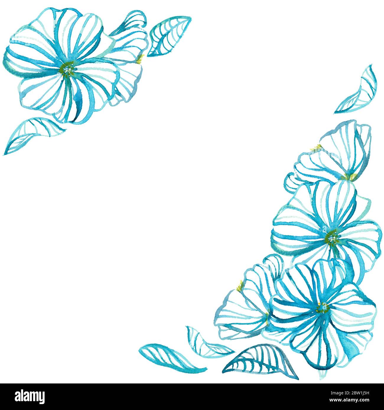Florales Aquarell Nahtloses Muster. Moderne handgezeichnete blaue Gänseblümchen und Blätter in Aquarelllinien und Silhouetten. Design für Hintergründe, Abdeckungen, Karten Stockfoto