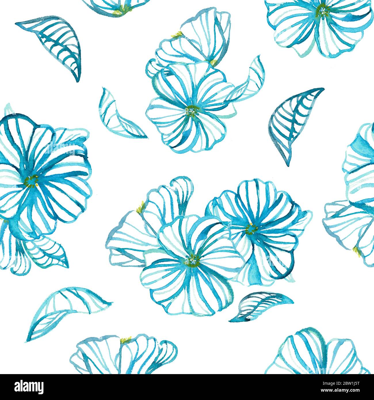 Florales Aquarell Nahtloses Muster. Moderne handgezeichnete blaue Gänseblümchen und Blätter in Aquarelllinien und Silhouetten. Design für Hintergründe, Abdeckungen, Karten Stockfoto