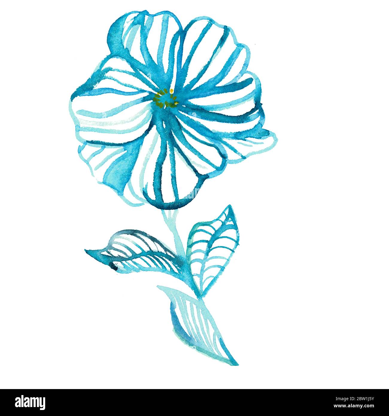 Florales Aquarell Nahtloses Muster. Moderne handgezeichnete blaue Gänseblümchen und Blätter in Aquarelllinien und Silhouetten. Design für Hintergründe, Abdeckungen, Karten Stockfoto