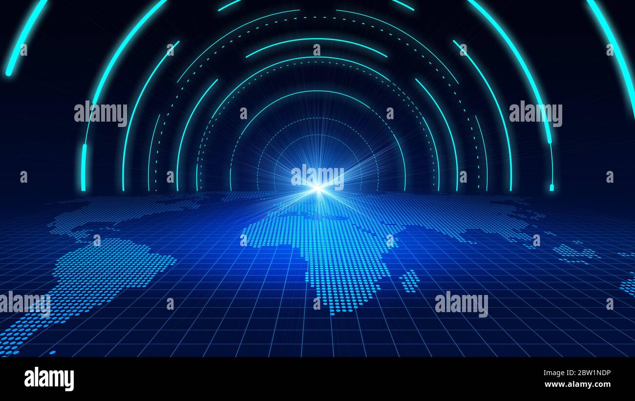 Digitale Weltkarte Perspektive Raum Tunnel, Internet-Technologie dunkelblauen Hintergrund. Stockfoto