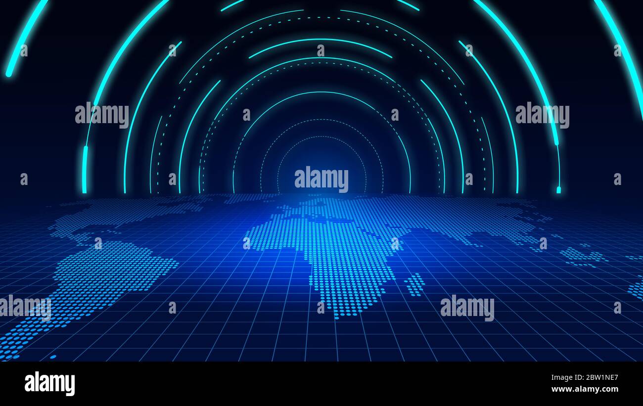 Digitale Weltkarte Perspektive Raum Tunnel, Internet-Technologie dunkelblauen Hintergrund. Stockfoto