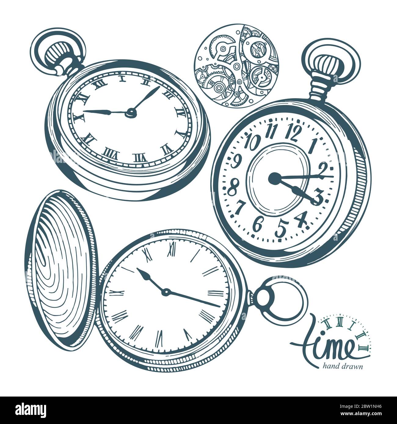 Taschenuhr. Handgezeichnete Taschenuhr Vektor-Illustrationen Set. Skizze  Zeichnung alte Uhr Symbole gesetzt Stock-Vektorgrafik - Alamy