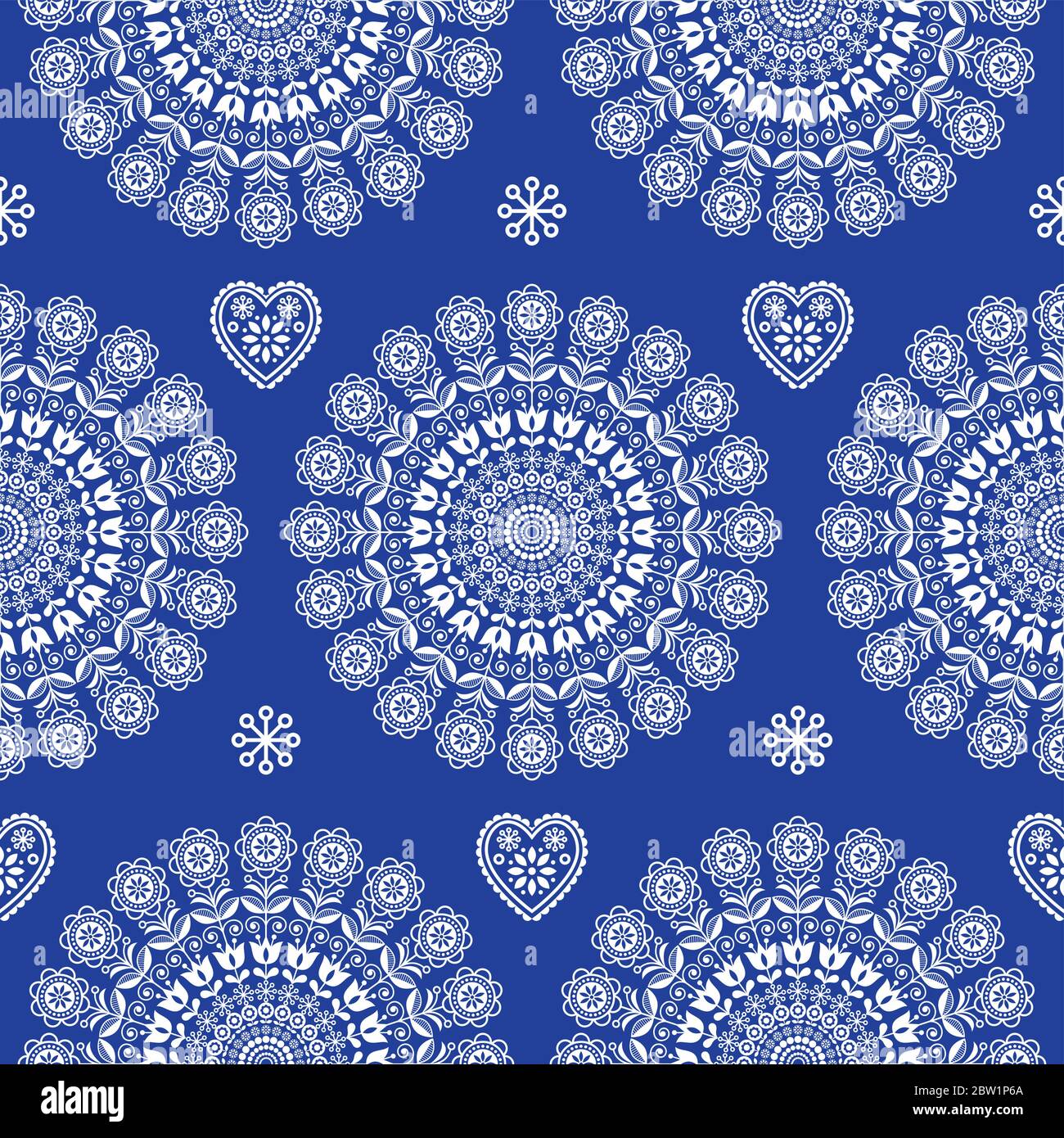 Nahtlose skandinavische Volkskunst Vektor Mandala mit Blumen, florale repetitve Ornament, nordisches Design in weiß auf navy blau Stock Vektor