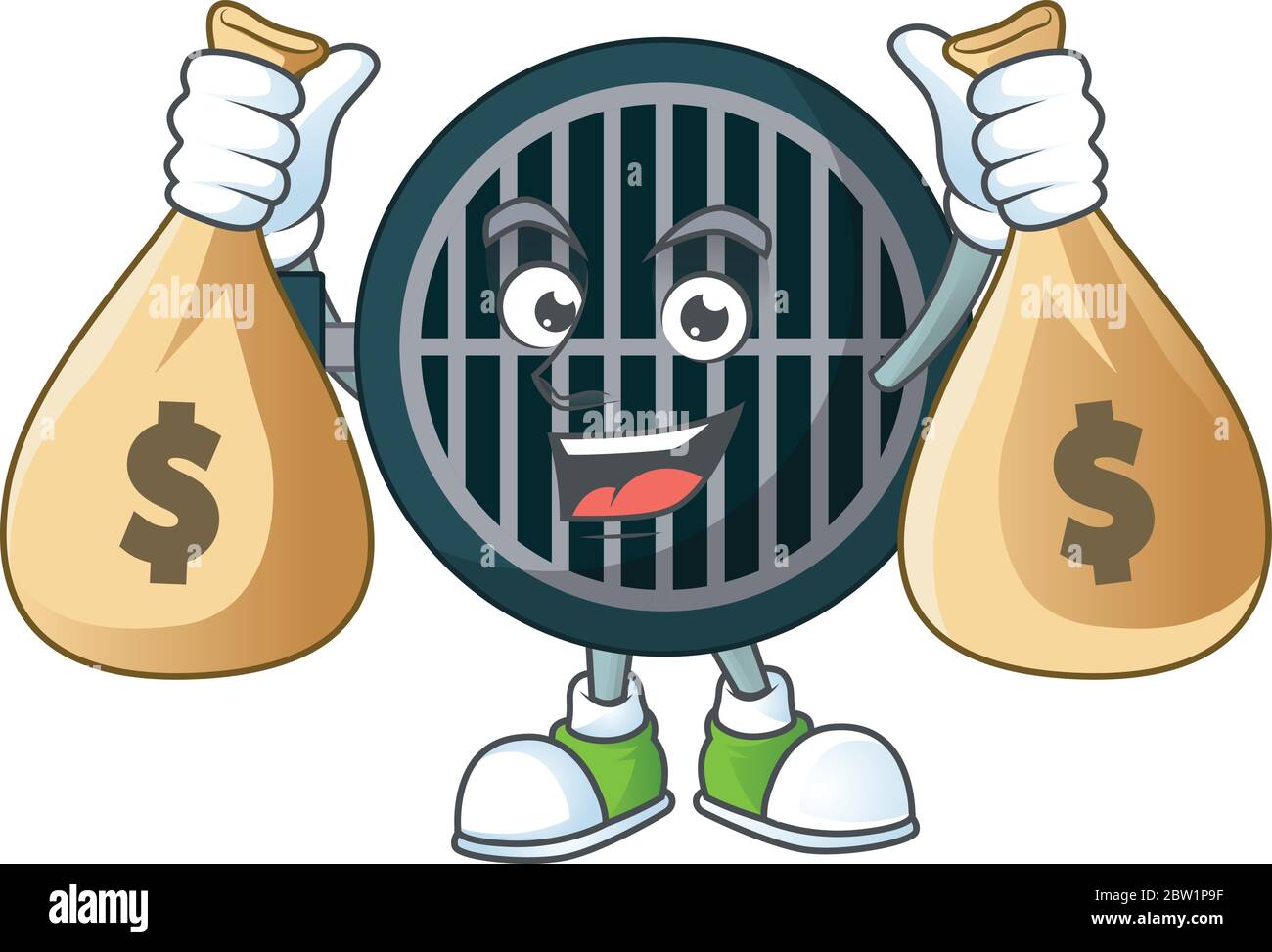 Ein bescheidener reicher Grill Karikatur Charakter Design mit Geld Taschen. Vektorgrafik Stock Vektor