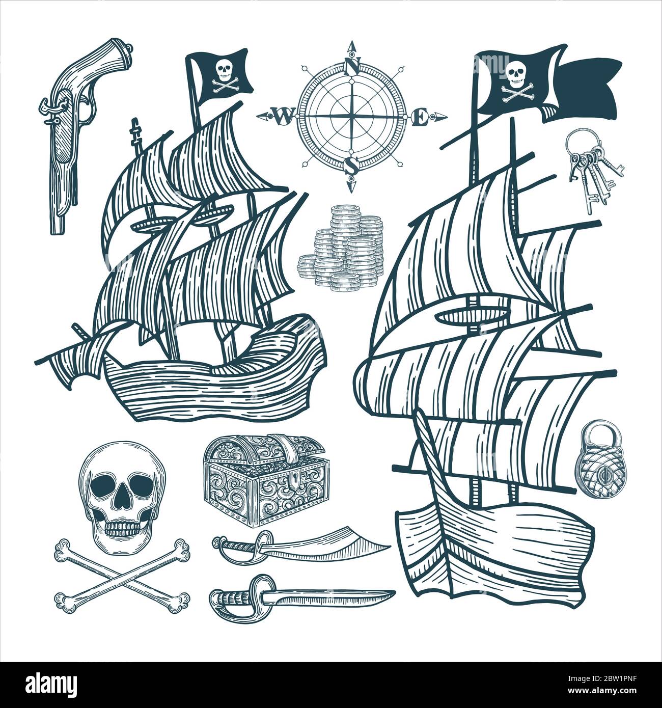 Versand. Piraten Segelschiff und Attribute Vektor-Illustrationen Set. Pirate symbolische Vintage-Stil Zeichnung. Teil des Sets. Stock Vektor