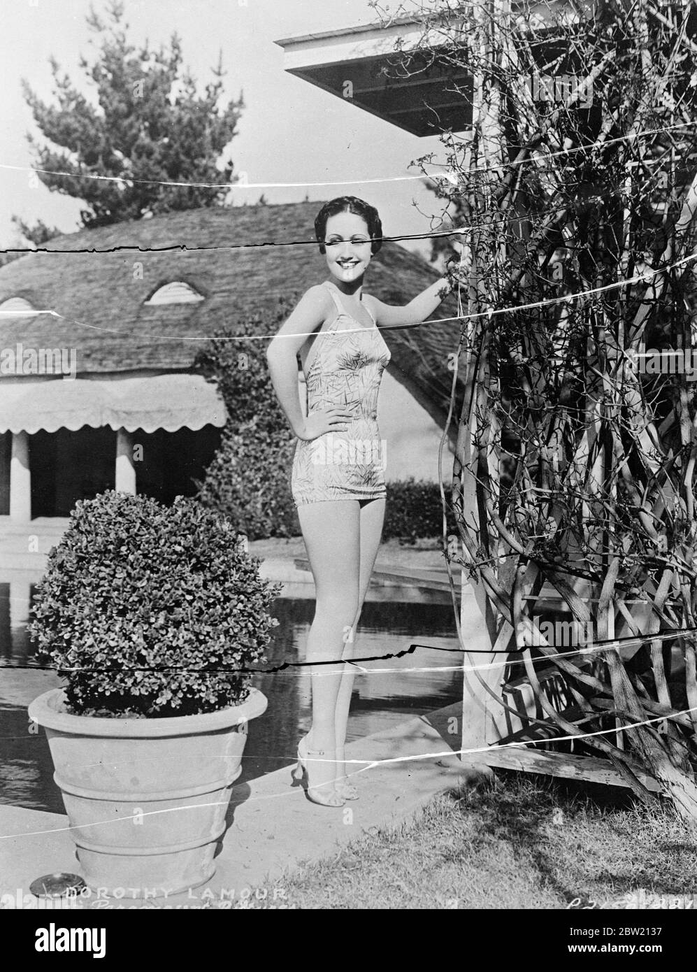 Eine schillernde neue Badescreation aus bedrucktem Material, getragen von Dorothy Lamour, der Hollywood-Filmschauspielerin, neben dem Pool in ihrem Hollywood-Haus. Juni 1937 [?] Stockfoto