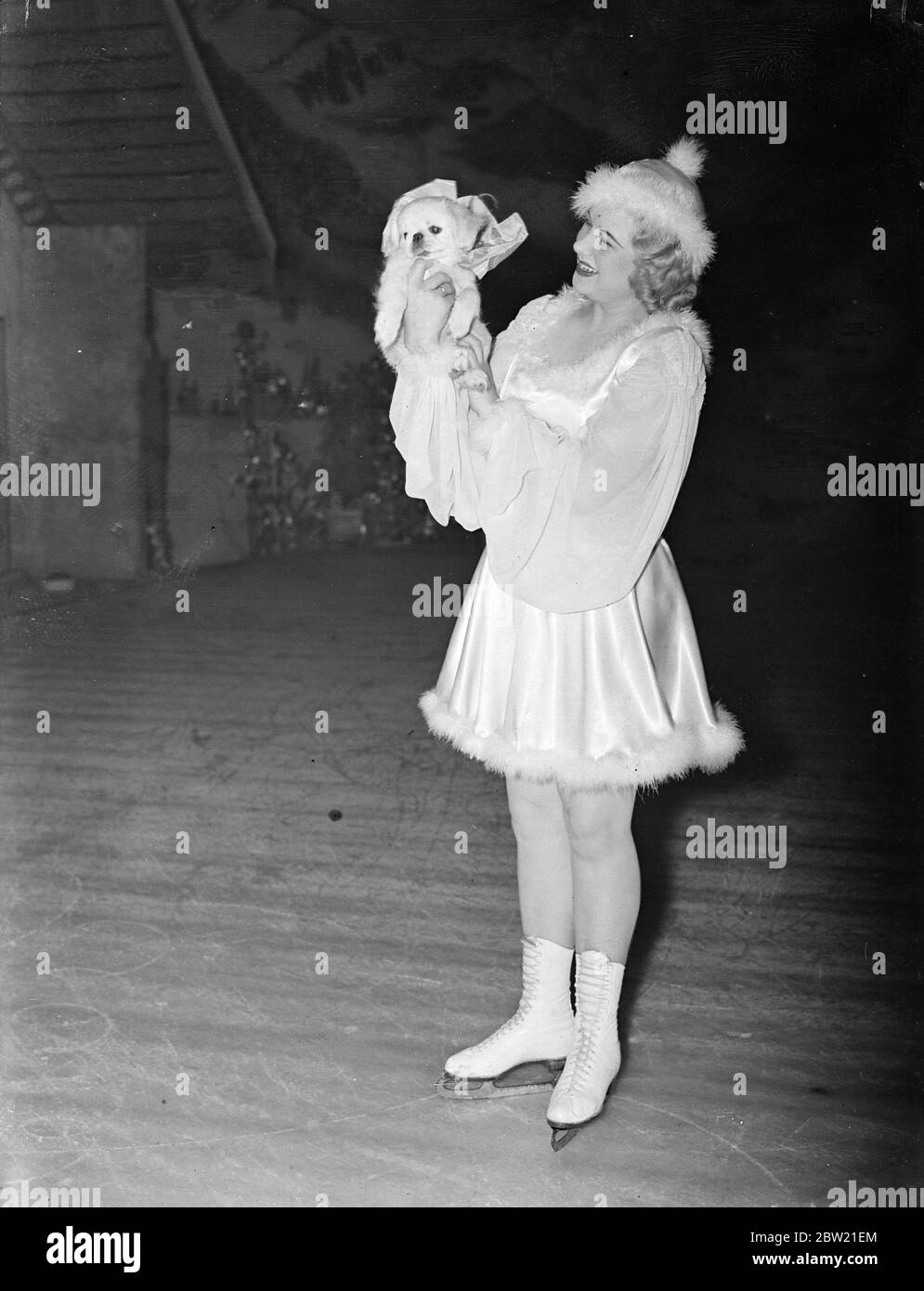 Miss Pamela die frühere Skating-Weltmeisterin der Frauen-Profisporthalle im Kolosseum, wo sie in Santa Moritz auftaucht, hat einen kleinen Hund von einem unbekannten Bewunderer erhalten, den sie immer noch zu verfolgen versucht, damit sie ihm danken kann. Bis 18. August 1937. Stockfoto