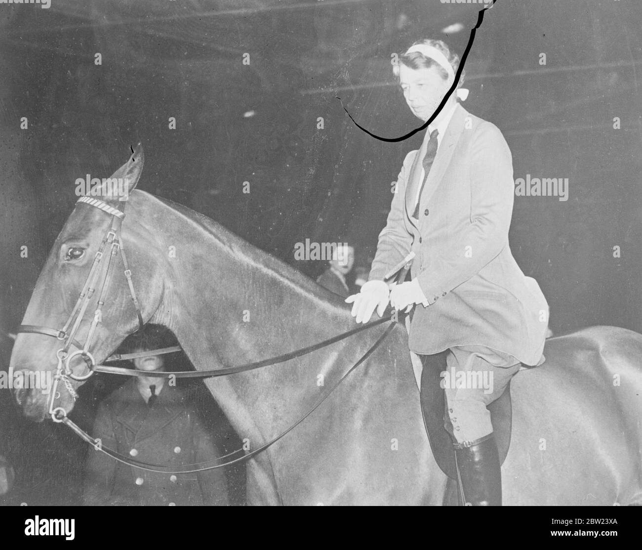 Frau Roosevelt reitet auf einer Pferdeshow. Franklin D Roosevelt, die Frau des amerikanischen Präsidenten, ritt ihr Pferd, "Dachs", auf der Fort Myer, Virgina, Winter Horse Show. Foto zeigt, Frau Franklin D Roosevelt bei der Horse Show, eines der wenigen Bilder von Amerikas 'First Lady' auf dem Pferderücken. 10 Februar 1938 Stockfoto