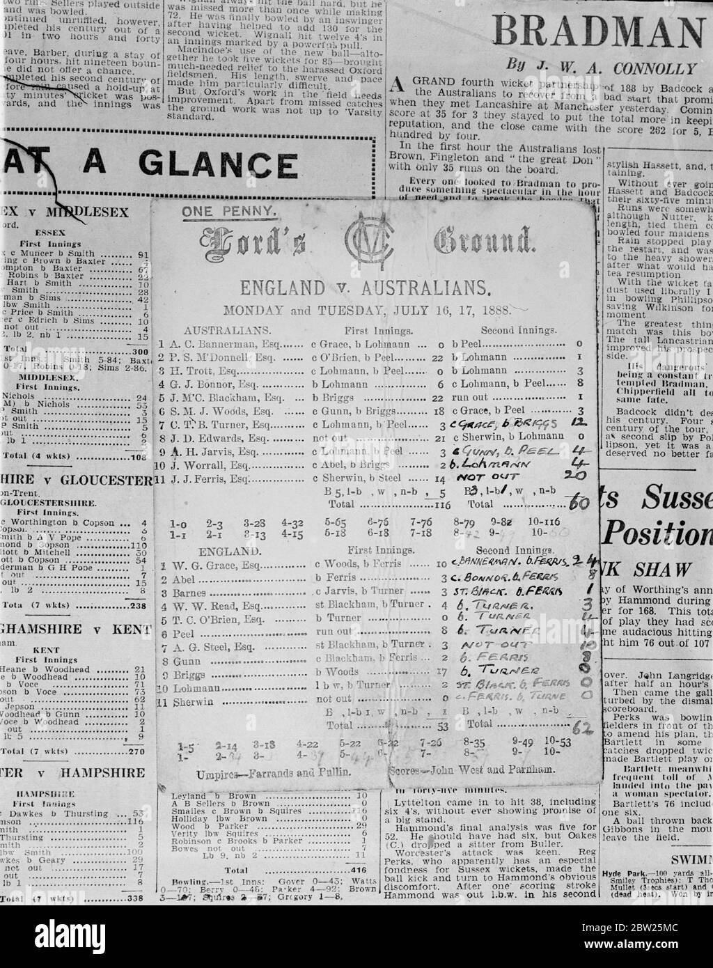 Ein Testspiel vor 50 Jahren, wie die Australier England 1888 schlagen. Erzählt von alten Score Card. Da England und Australien sich im dritten Test Match der Present Series in Old Trafford, Manchester, treffen, besteht ein besonderes Interesse an dieser Punktekarte des Spiels zwischen England und den Australiern, das am 16. Und 17. Juli 1888 bei Lord's gespielt wurde, fast genau vor 50 Jahren, Mit Dr. W G Grace im Team England. Die Karte wurde gerade von einem Cricketing-Enthusiasten unter seinen Besitztümern entdeckt. Die Endpunktzahl im Spiel der zwei Tage wurde vom ursprünglichen Karteninhaber ausgefüllt. T Stockfoto