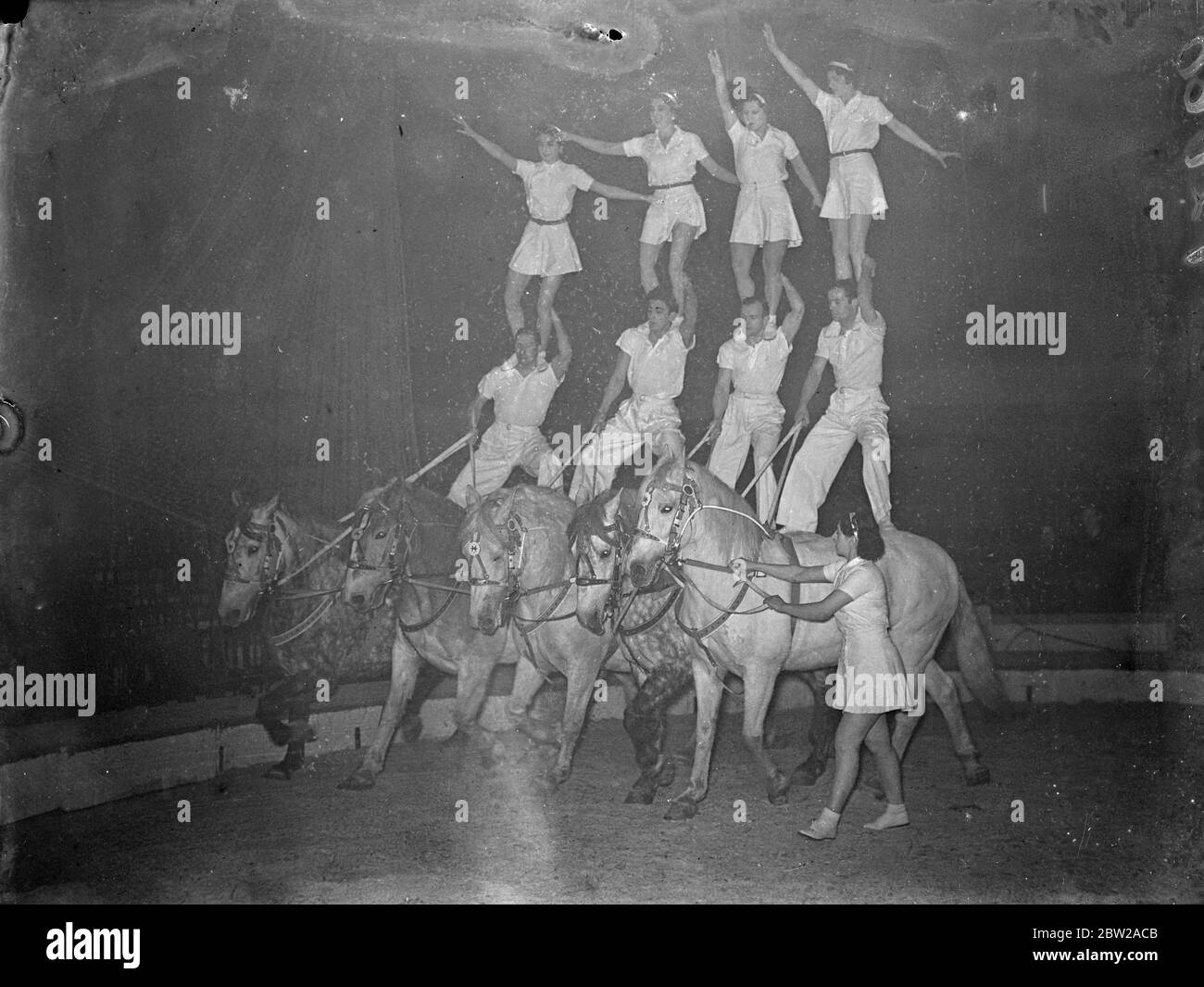 Zirkusfahrer Proben den Nervenkitzel für Weihnachten. Trickreiter, Trapezkünstler und Clowns arbeiten dieses Wochenende hart daran, ihre Acts für den jährlichen Weihnachtszirkus in der Royal Agricultural Hall in Islington, London, zu polieren. Der Zirkus öffnet morgen (Montag). Foto zeigt, die Caroli's Tandem Truppe in einer Pyramide, wie sie donnerte um den Zirkusring während einer Probe heute.. 19 Dezember 1937 Stockfoto