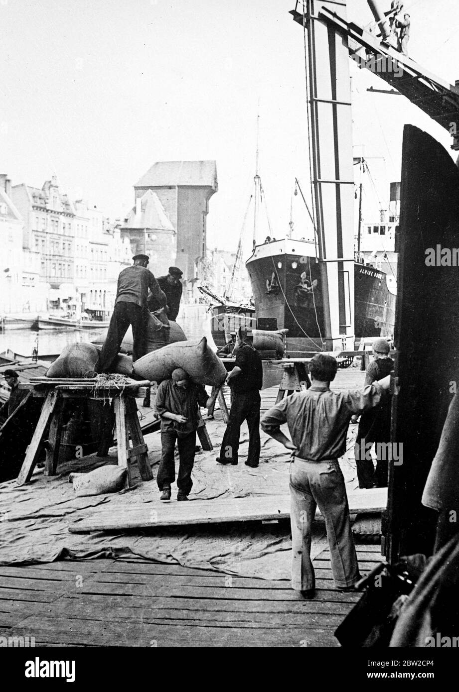 Deutsche Arbeiter, die im Hafen von Danzig, der Stadt, die im Mittelpunkt der jüngsten und schwersten Krise Europas steht, die im Krieg zu enden droht, die Güter von Schiffen entladen. Bis 30. August 1939 Stockfoto