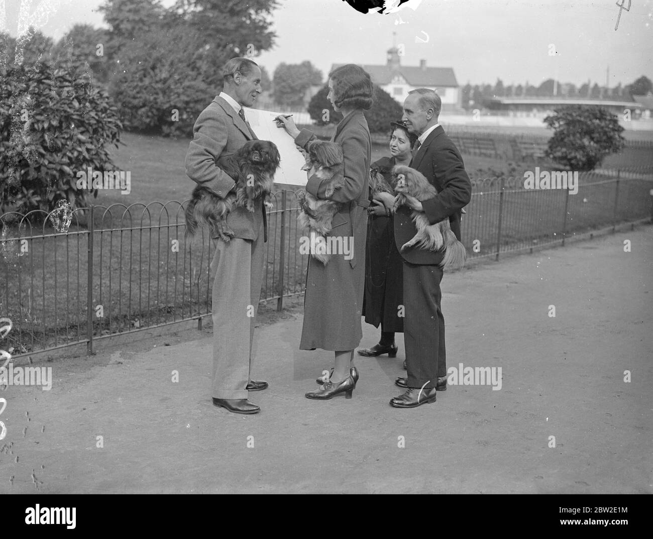 Hundebesitzer unterschreiben die Petition von F.W Donisthorpe vor den Gärten von Paddington, London. Hunde sind in den Gärten verboten, es sei denn, sie sind an der Leine. F.W Donisthorpe, der berühmte Tennisspieler, hat einen Streichen in Angriff genommen, um das Verbot aufzuheben. Seine erste Auflage wurde vom rat abgelehnt. 24 Juli 1937 Stockfoto