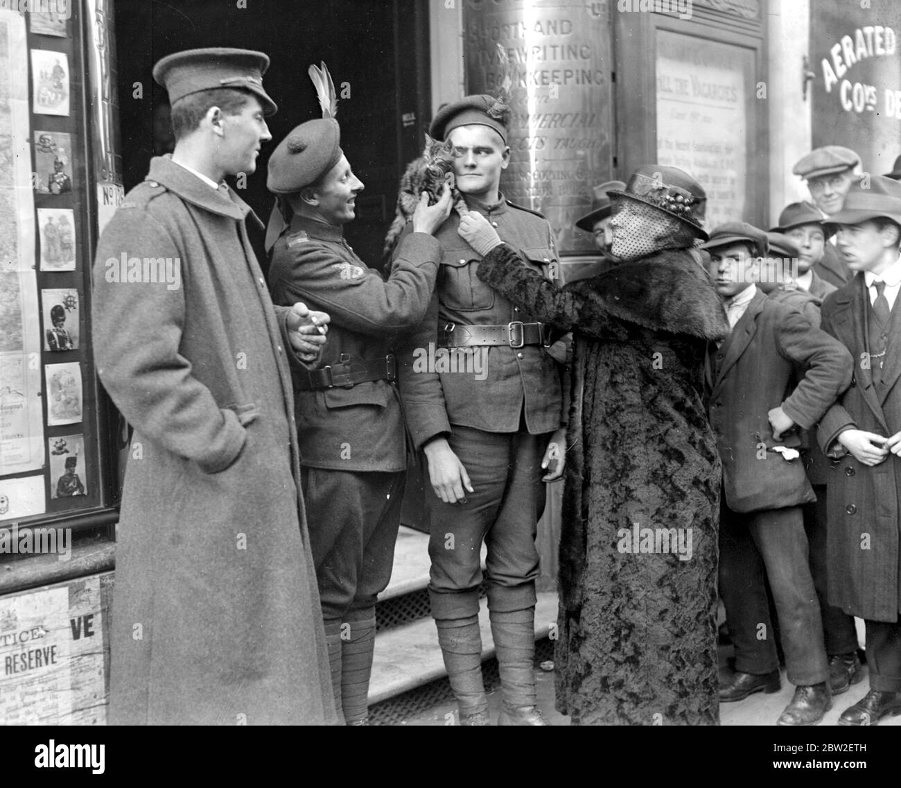 Das Maskottchen der kanadischen Scotties. Nova Scotian Highlanders mit Frau Phelen, ehrenamtlicher Wacharbeiter. 31. Oktober 1916 Stockfoto