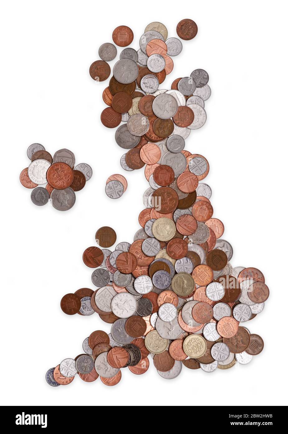 Eine Karte des Vereinigten Königreichs aus Münzen Stockfoto