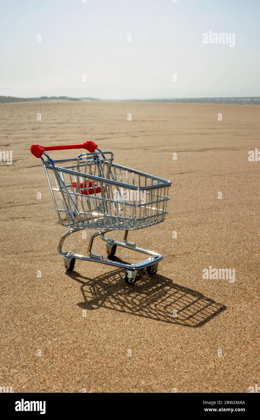 Ein Mini-Shopping-Trolley an einem einsamen Strand Stockfoto