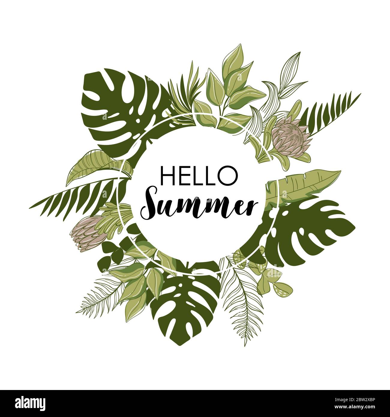Hallo Sommer. Sommer tropische Blätter, Vektor-Design für Banner, Flyer, Karte und andere. Stock Vektor