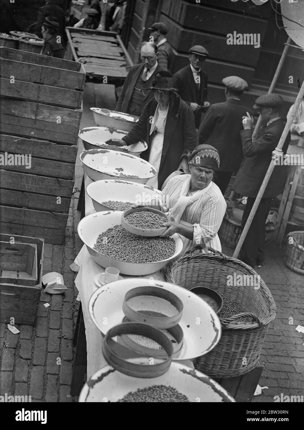 Frauen Erbsenpflücker beginnen ihre Arbeit bei Covent Garden. Sicher Vorboten des Sommers, Frauen Erbsenpflücker können bei der Arbeit jeden Morgen früh Beschuss Erbsen in Covent Garden gesehen werden. Einige der Frauen haben sich jährlich für die Arbeit für die letzten halben Jahrhundert engagiert. Frauen Erbsenpflücker bei der Arbeit in den frühen Morgenstunden in den Straßen neben Covent Garden, London. 21 Juni 1932 Stockfoto