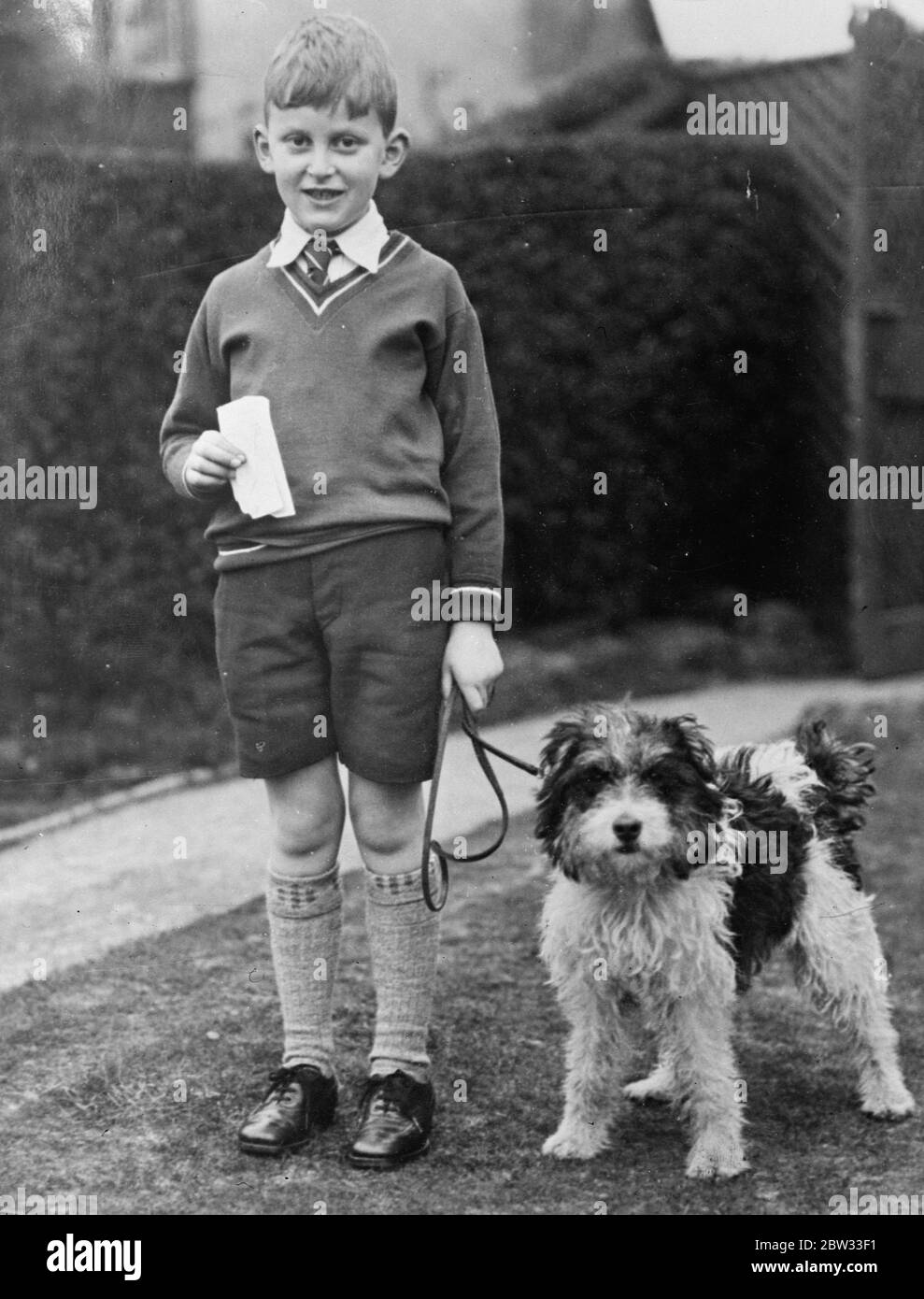 Zeichnet Pferd in Irish Sweep . Unter der nicht de plume von seinem Hund "Mick" Michael Watt, Sohn eines Liverpool-Buisnessman, Herr Charles Watt, hat Annandale gezogen. Mick wurde versprochen, viele Knochen, um ihr Glück zu feiern. Michael Watt und sein Hund Mick erhalten die Nachricht von ihrem Glück. 15 März 1932 Stockfoto