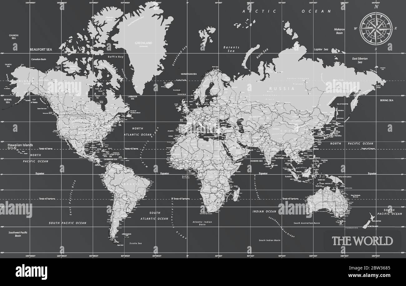 World Minimal Karte mit dunklen Farben. Stock Vektor