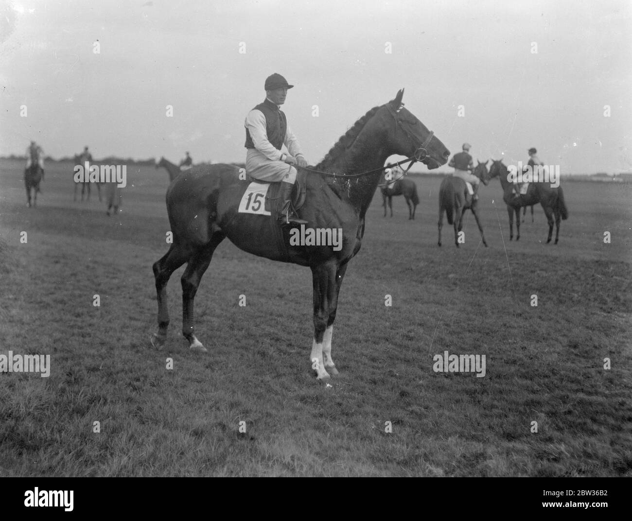 Rennpferd Tizian mit Jockey, stehend, andere Pferde und Reiter im Hintergrund. Juni 1933 Stockfoto