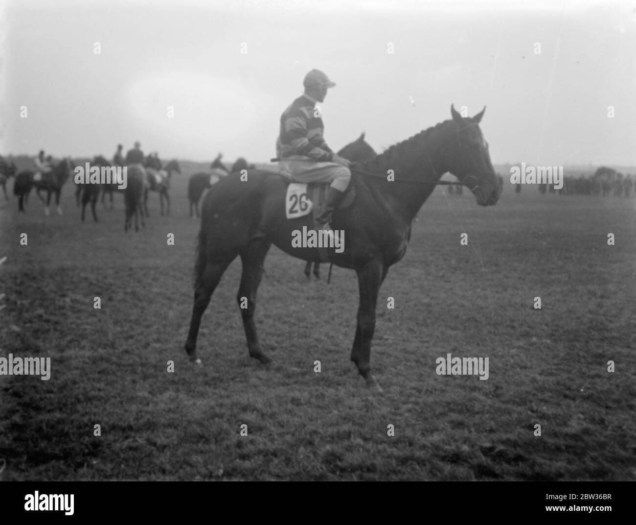 Rennpferd Raymond stehend mit Jockey, andere Pferde und Reiter im Hintergrund. Juni 1933 Stockfoto