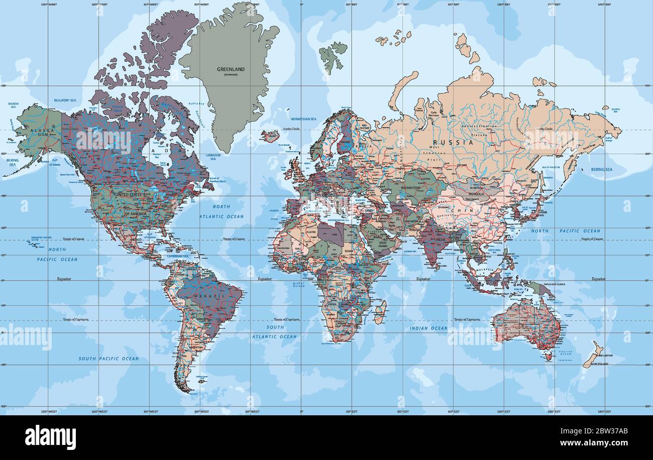 Politische Weltkarte in Mercator Projektion. Stock Vektor