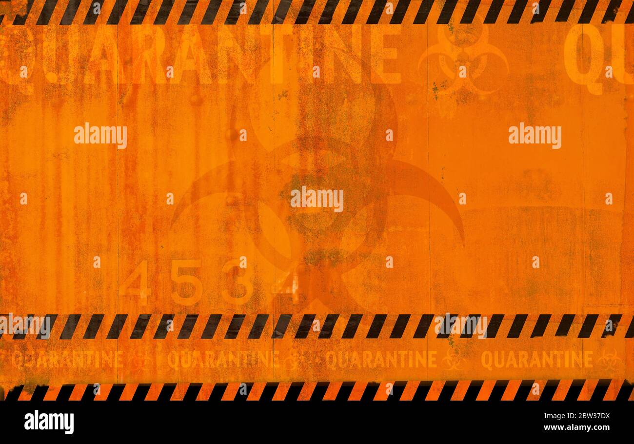 Coronavirus Quarantäne Gefahrenzone Abstrakter Hintergrund. Virus Related Orange rötliche Hintergrund mit Bio-Gefahr-Symbol. Stockfoto