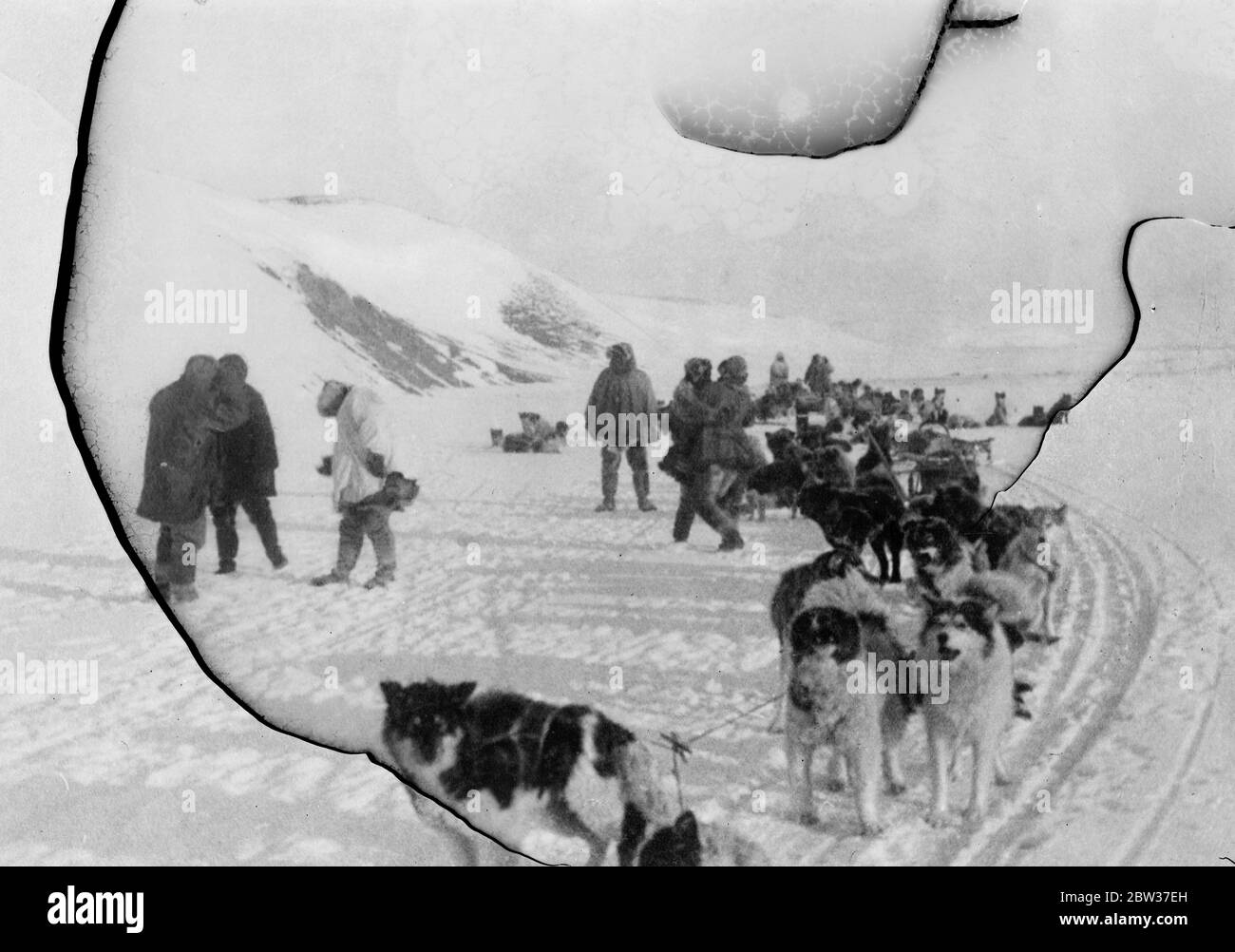 SS Chelyuskin ein sowjetisches Dampfschiff, das auf eine Expedition geschickt wurde, um durch polares Eis entlang der nördlichen Seeroute von Murmansk nach Wladiwostok zu navigieren, das während der Navigation in arktischen Gewässern eisgebunden wurde, wurde es im September in den Eisfeldern gefangen. Danach trieb sie in der Eisschicht, bevor sie am 13. Februar 1934 in der Nähe der Koljuchin-Insel im Tschuktschen Meer niederging. Die Besatzung gelang es, auf das Eis zu entkommen und baute eine provisorische Flugbahn mit nur wenigen Spaten, Eisschaufeln und zwei Brechstangen , die bei der Rettung der Besatzung der geholfen . 53 Männer gingen über t Stockfoto