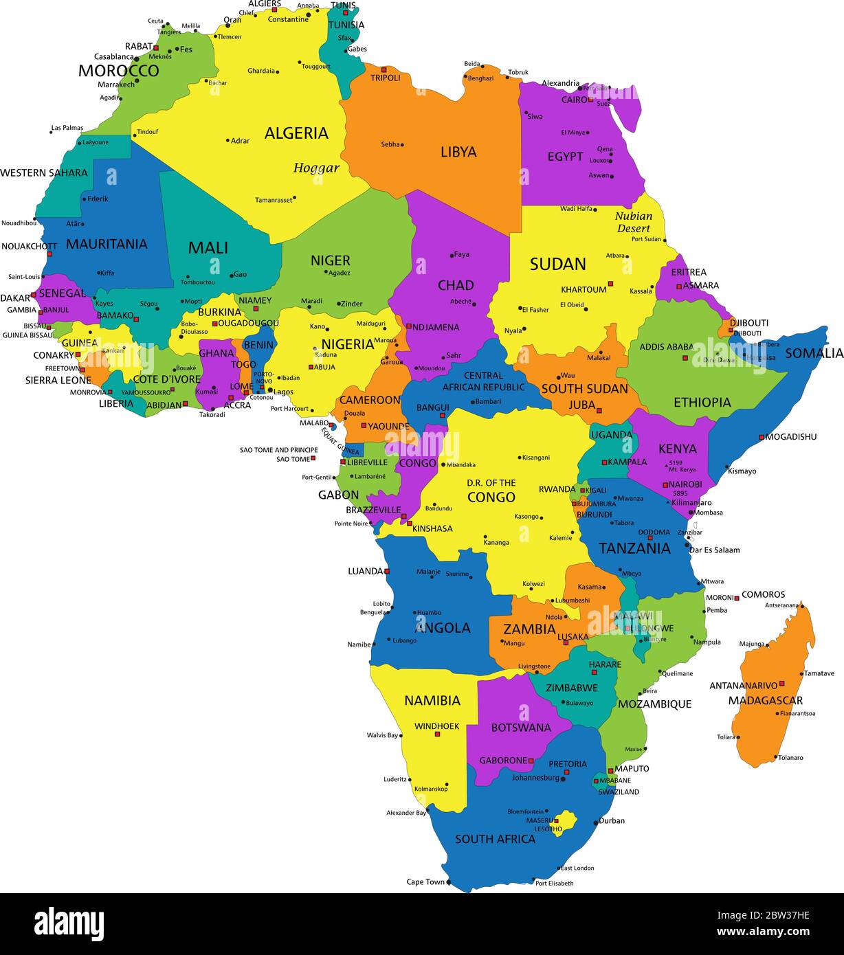 Bunte politische Landkarte Afrikas mit deutlich markierten, getrennten Schichten. Vektorgrafik. Stock Vektor