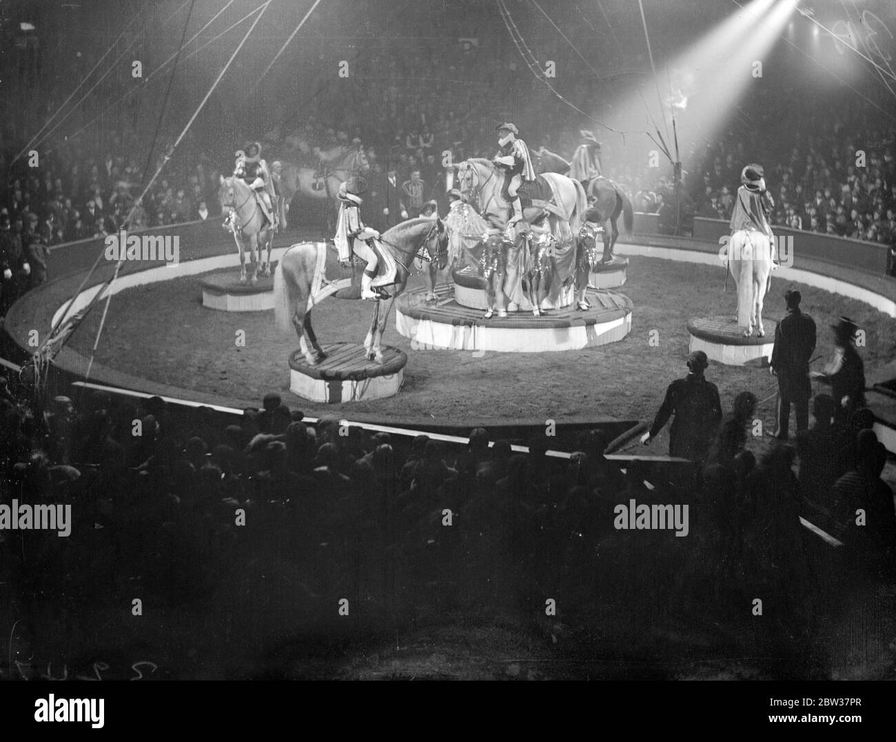 Sechstausend Schüler beobachten Probe von Olympia Zirkus. Sechstausend Schulkinder sahen die Generalprobe des Olympia weihnachtszirkus, in Olympia, London. Foto zeigt ; Zirkuspferde in der Zirkusring . 21 Dezember 1933 Stockfoto