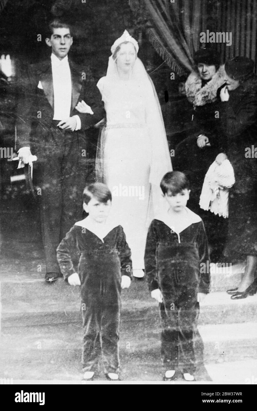 Die Hochzeit von Graf Andre Roger de MONTBELLO, dem französischen Porträtmaler und Kunstkritiker, mit Germaine Wiener de Croisset, einem entfernten Verwandten des Marquis de Sade. 30. November 1933 Stockfoto