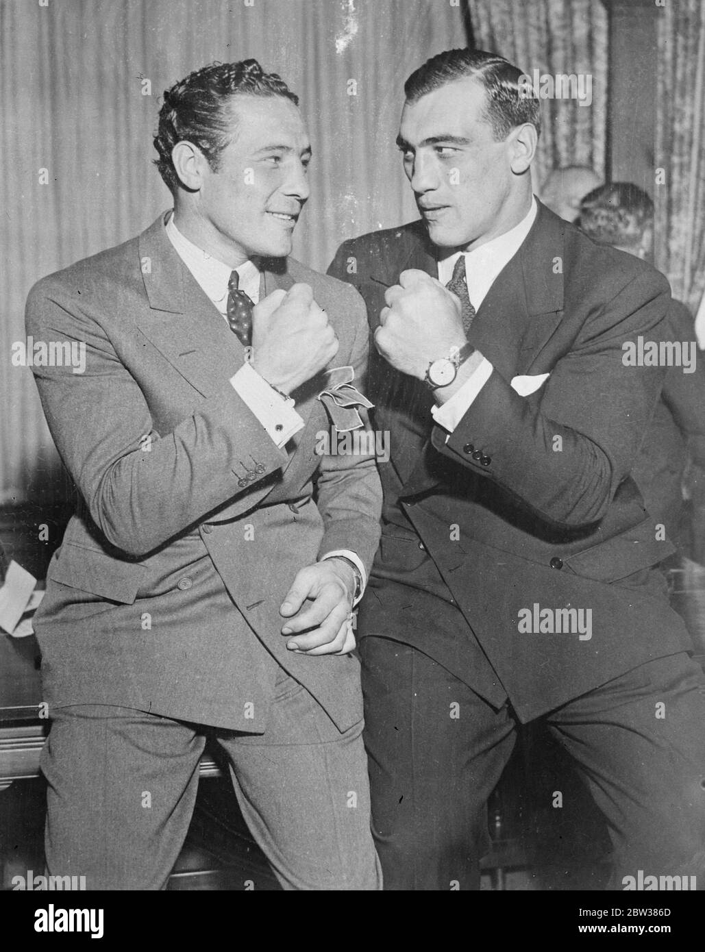 Primo Carnera, Schwergewichtsweltmeister und Max Baer, der Kalifornier. 1934 Stockfoto