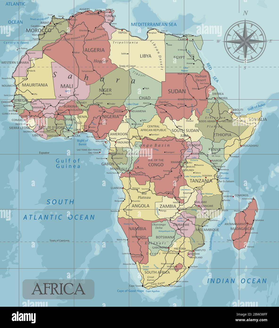 Afrika sehr detaillierte editierbare politische Karte mit getrennten Ebenen