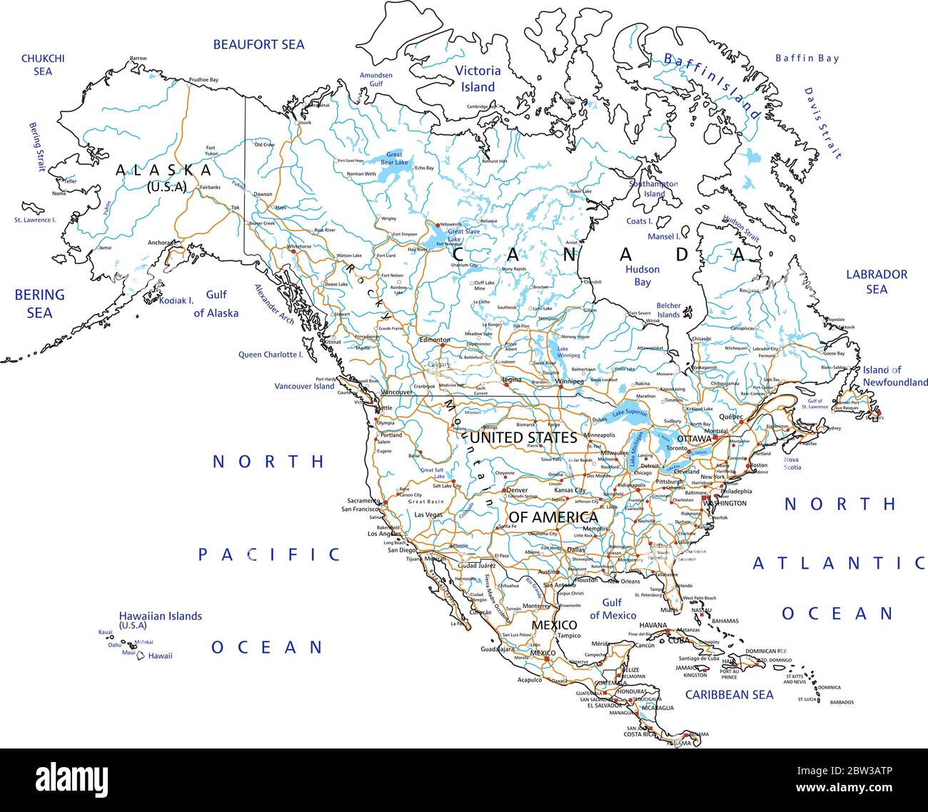 Detaillierte Nordamerika-Straßenkarte mit Beschriftung. Stock Vektor