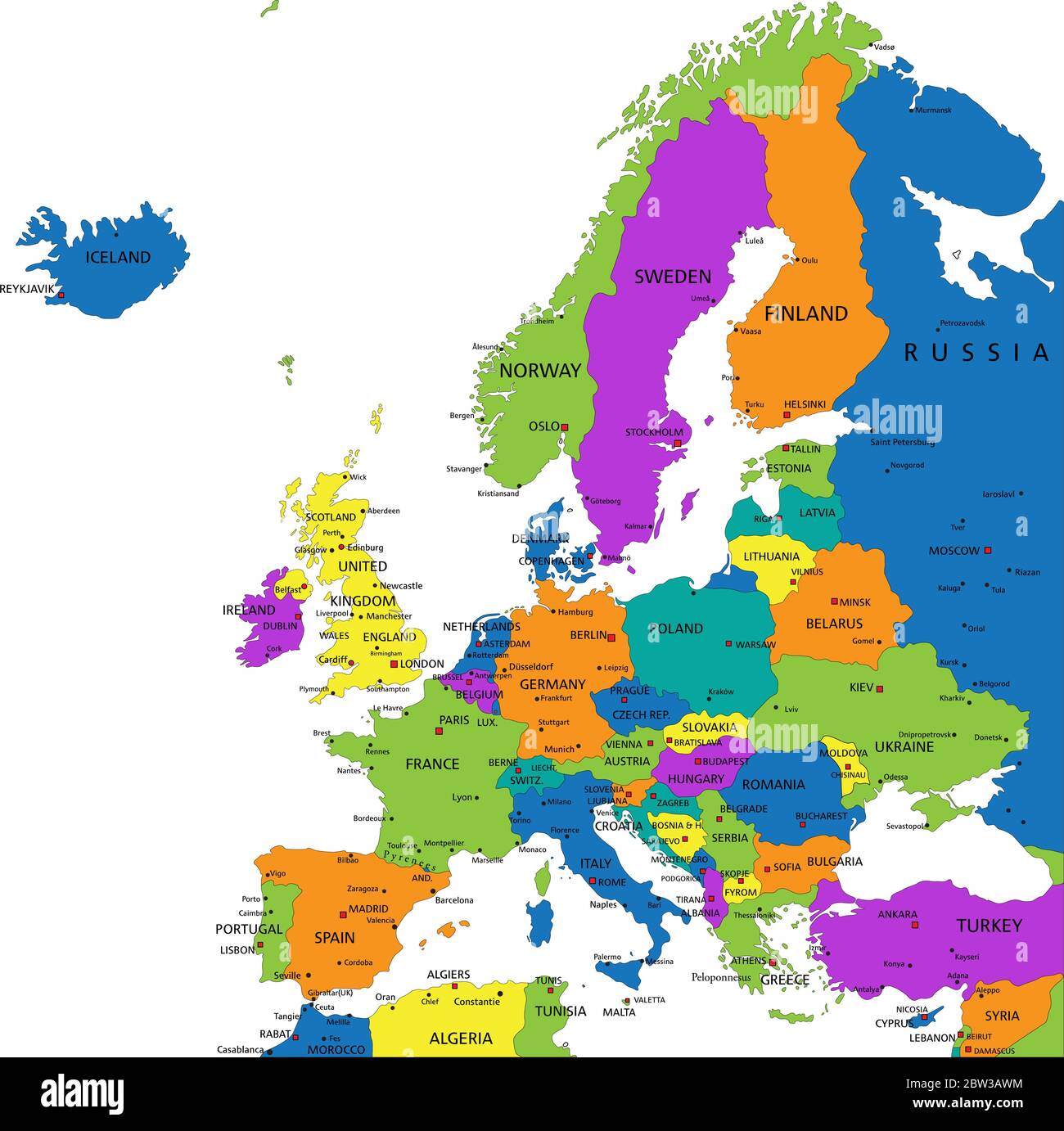 Bunte politische Landkarte Europas mit klar gekennzeichneten, getrennten Schichten. Vektorgrafik. Stock Vektor