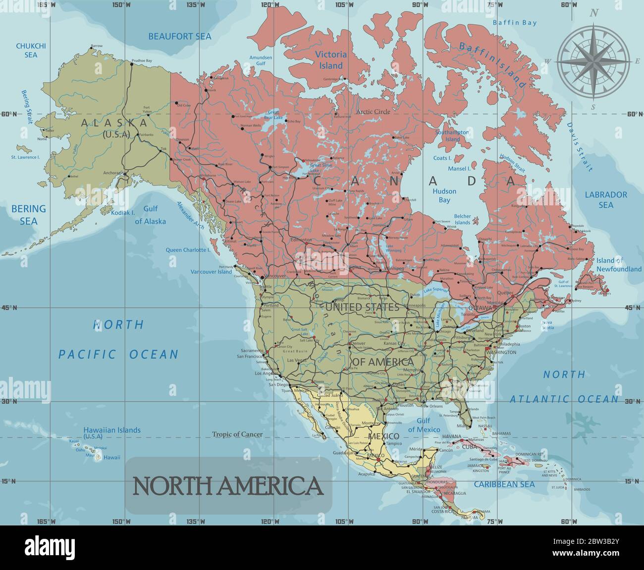 Detaillierte Nordamerika politische Karte in Mercator Projektion. Deutlich gekennzeichnet. Getrennte Ebenen. Stock Vektor