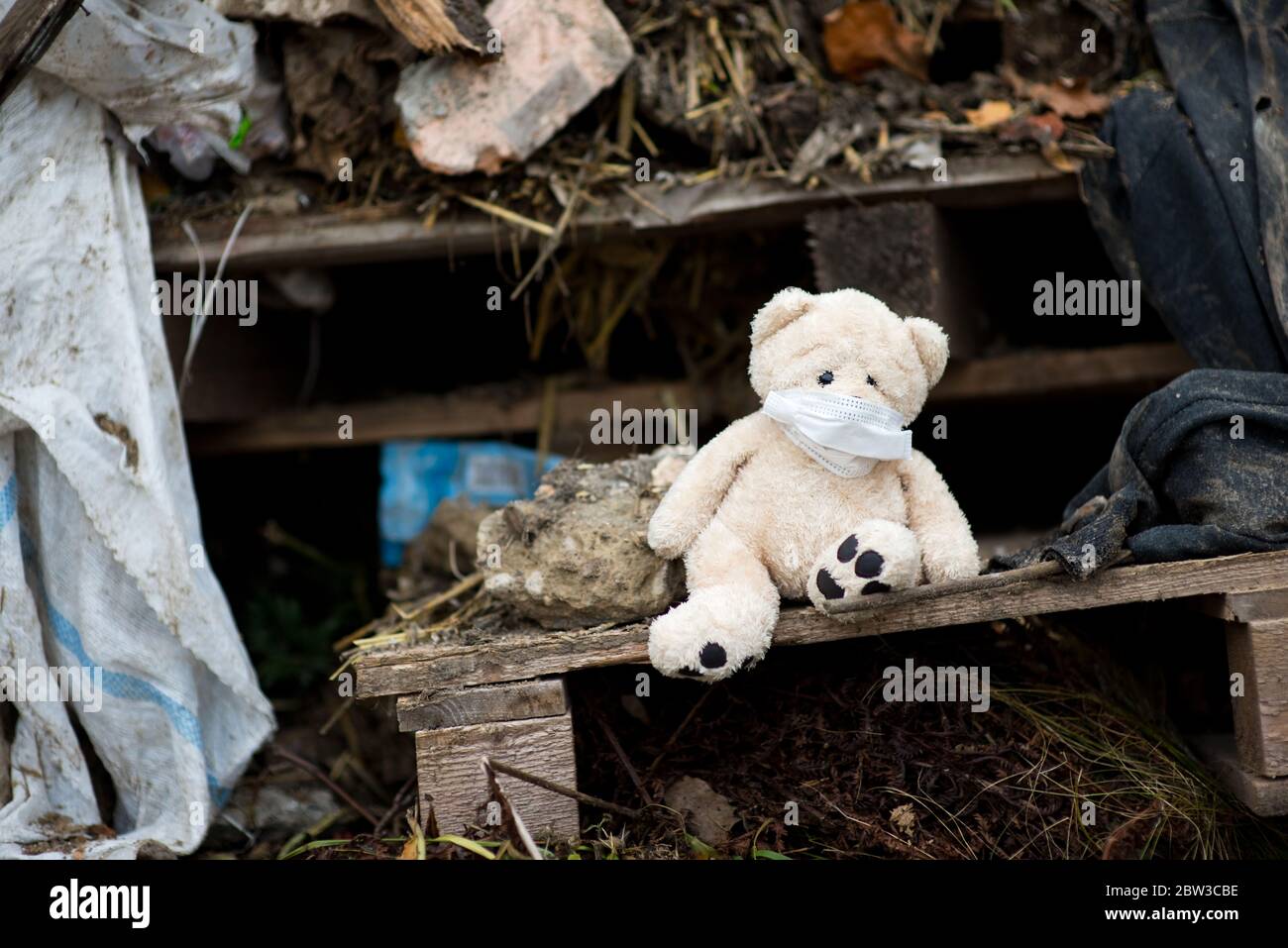 Ein Teddybär in einer medizinischen Maske sitzt in einem Deponie Stockfoto