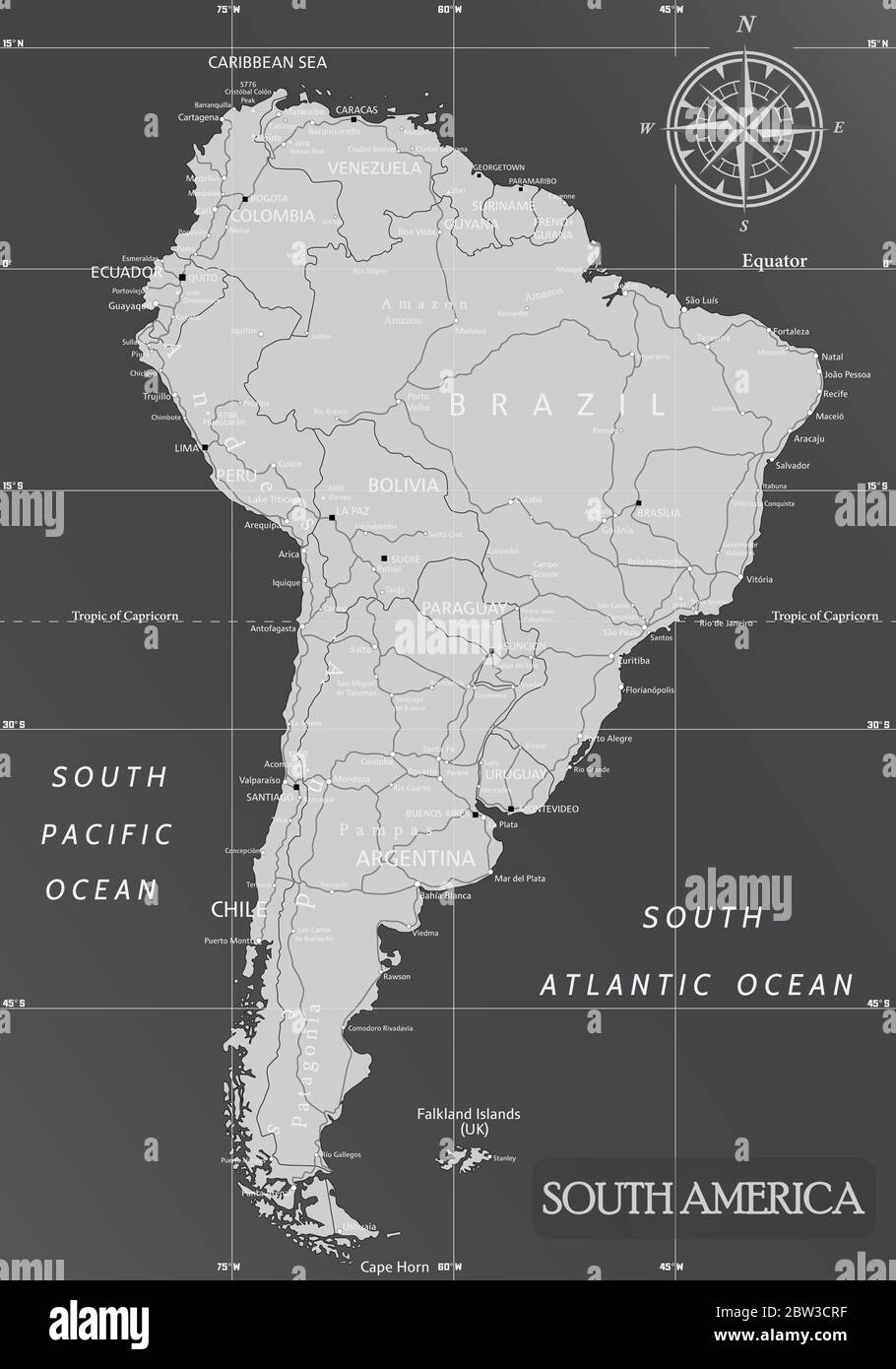 Südamerika Minimale Karte mit dunklen Farben. Stock Vektor