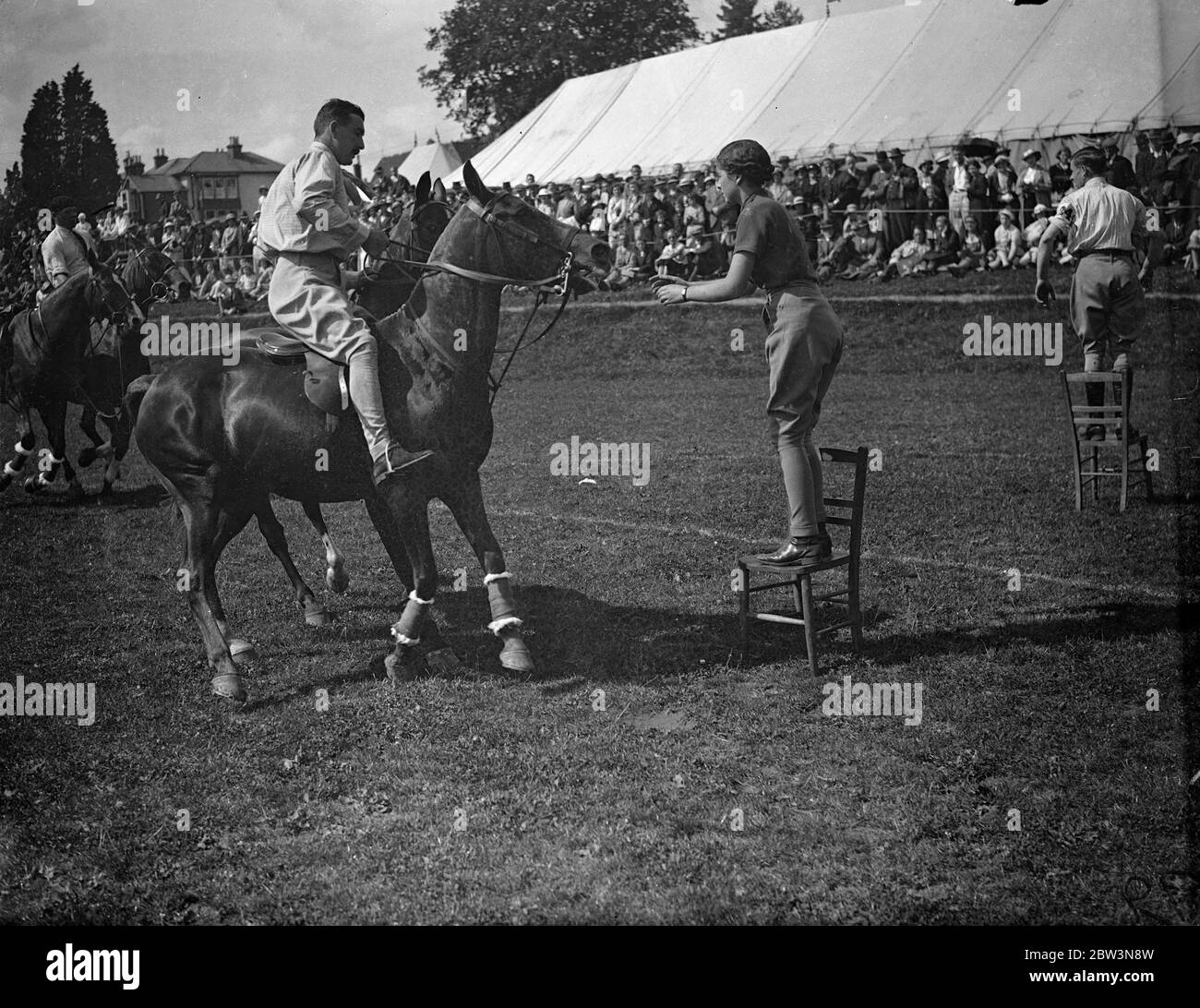 Ausgefallenes Kleid Steeplechase bei Haywards Heath! Fotoausstellungen: In ausgefallenen Kostümen nimmt Miss Sheila Price ihr Pony Polymint über die Hürden in einem grandiosen Sprung während des Kostümrennens bei der Haywards Heath Horticultural Society' s Sommershow im Victoria Park, Haywards Heath, Sussex. Im Rennen, das war eine der Neuheiten der berittenen Veranstaltungen in der Show, alle Fahrer hatten volle Phantasie Kleid für die Hindernislauf tragen. Juli 1936 Stockfoto