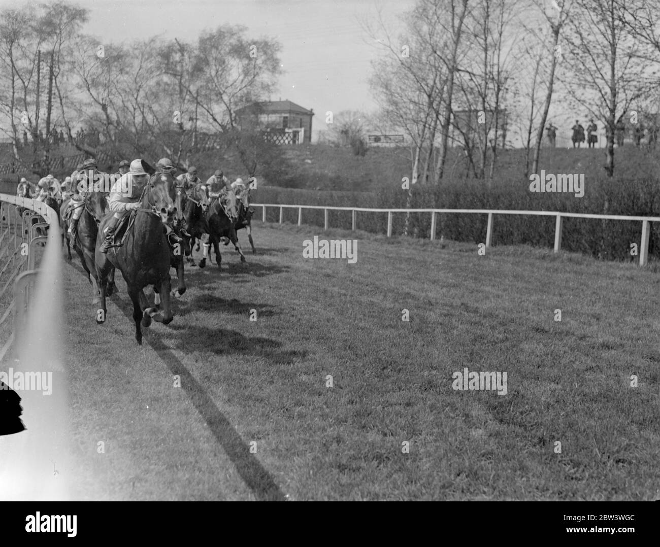 Juli Torheit gewinnt bei Sandown . Juli Folly , geritten von W Wing , gewann die Langdistanz-Verkauf Handicap-Rennen in Sandown Park . Zeni war Zweiter und Tuppence Dritter. Foto zeigt, Juli Folly führenden als das Feld zusammen an der Eisenbahnwende gebündelt. 25. April 1936 Stockfoto