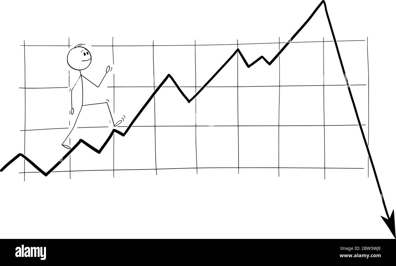 Vektor Cartoon Stick Figur Zeichnung konzeptionelle Illustration von Mann, Investor oder Geschäftsmann glücklich zu Fuß auf steigende oder wachsende Finanzgrafik, ignorieren eingehende Krise oder Rezession. Stock Vektor