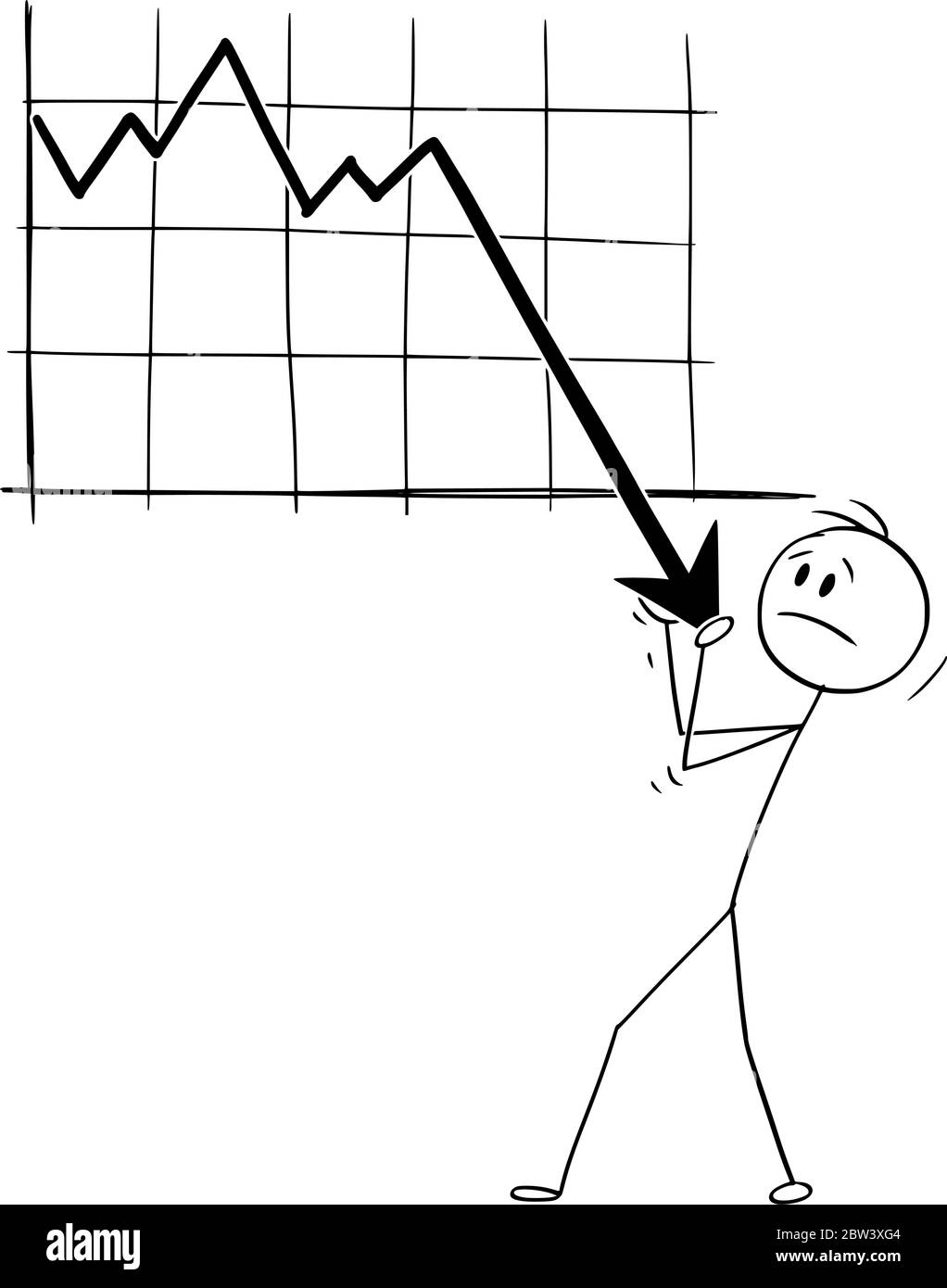 Vektor Cartoon Stick Figur Zeichnung konzeptionelle Illustration von Mann oder Geschäftsmann versuchen, rückläufige Wirtschafts- oder Finanzgraph zu halten. Konzept der Rezession oder Krise. Stock Vektor