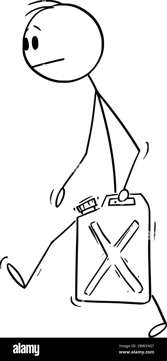 Vektor Cartoon Stick Figur Zeichnung konzeptionelle Illustration von Mann oder Geschäftsmann trägt Jerry kann oder Jerrycan mit Gas oder Benzin für aus Kraftstoff Auto. Stock Vektor