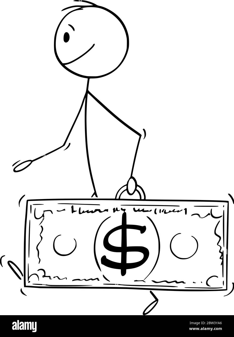 Vektor Cartoon Stick Figur Zeichnung konzeptionelle Illustration von Walking Mann oder Geschäftsmann trägt Dollar-Währungsrechnung oder Banknotenkoffer. Stock Vektor