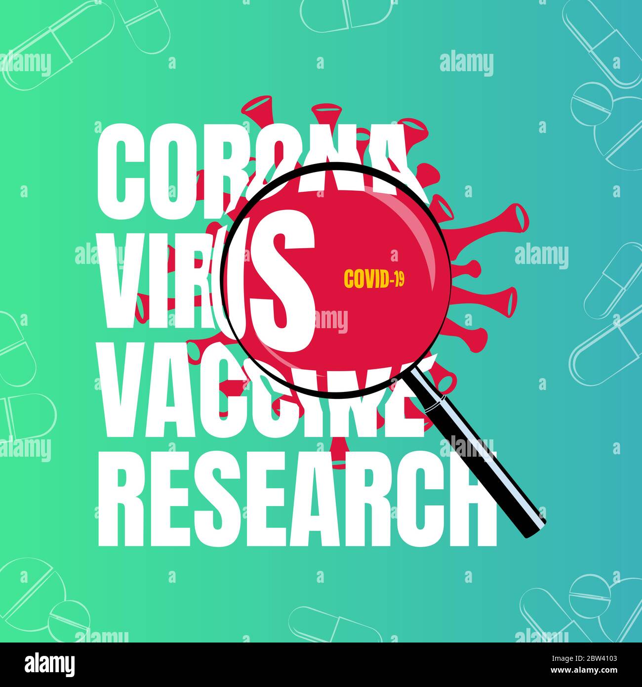 Corona Virus Impfstoff Forschung Illustration Konzept mit Lupe Text-Effekt isoliert auf hellen Gradienten Hintergrund. Stock Vektor