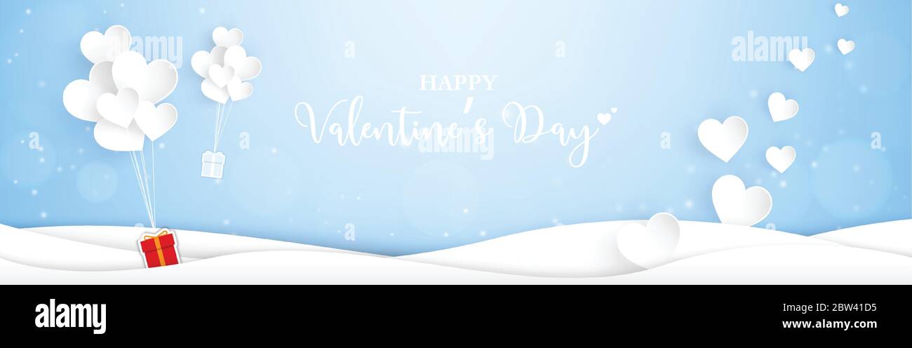 Valentinstag Hintergrund mit Herz Ballon der Geschenkbox in Papier geschnitten Stil. Horizontaler Hintergrund für Tapete, Einladung, Poster, Banner, Stock Vektor